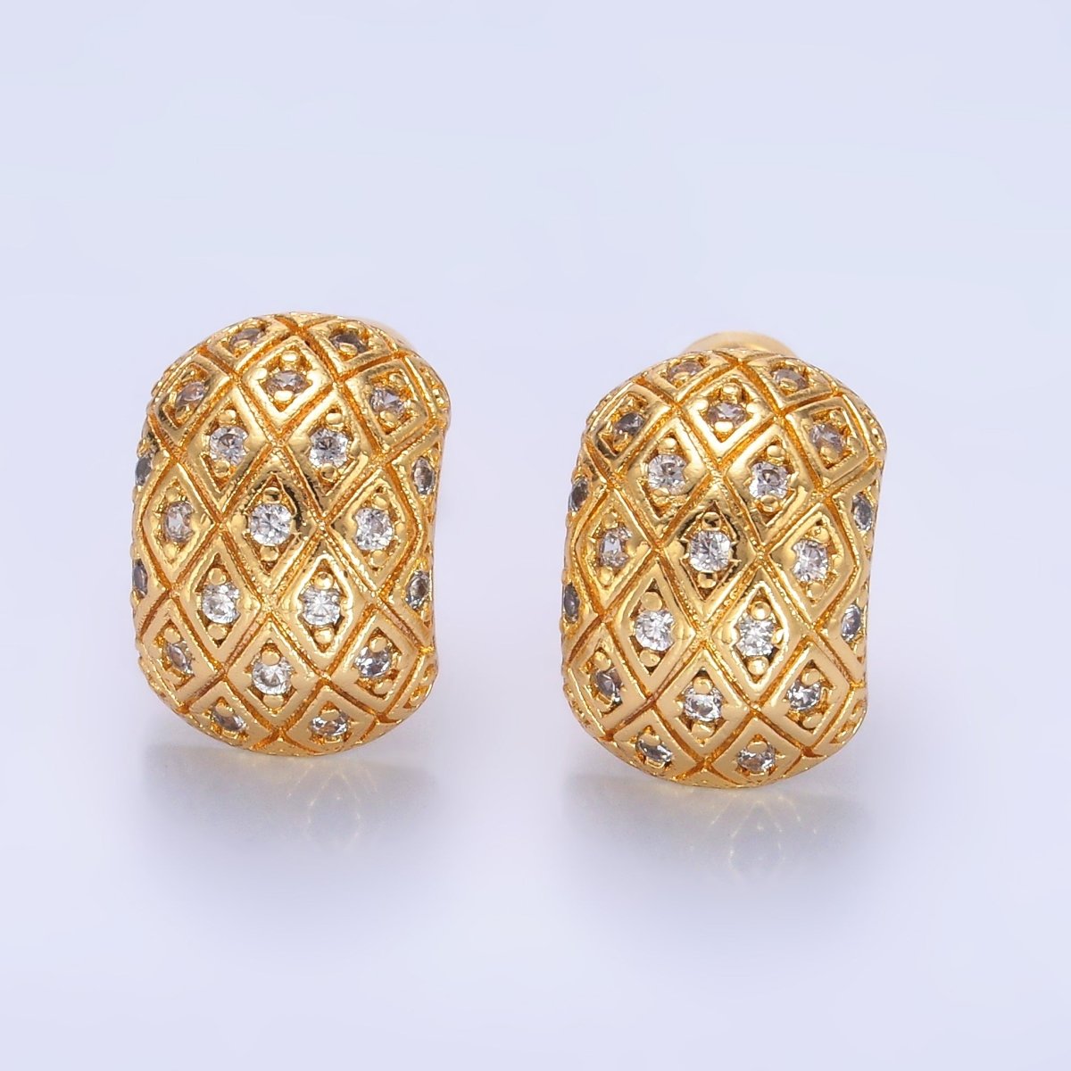24K Gold Filled CZ Geometric Quilted Wide J - Shaped Hoop Earrings | AB708 - DLUXCA