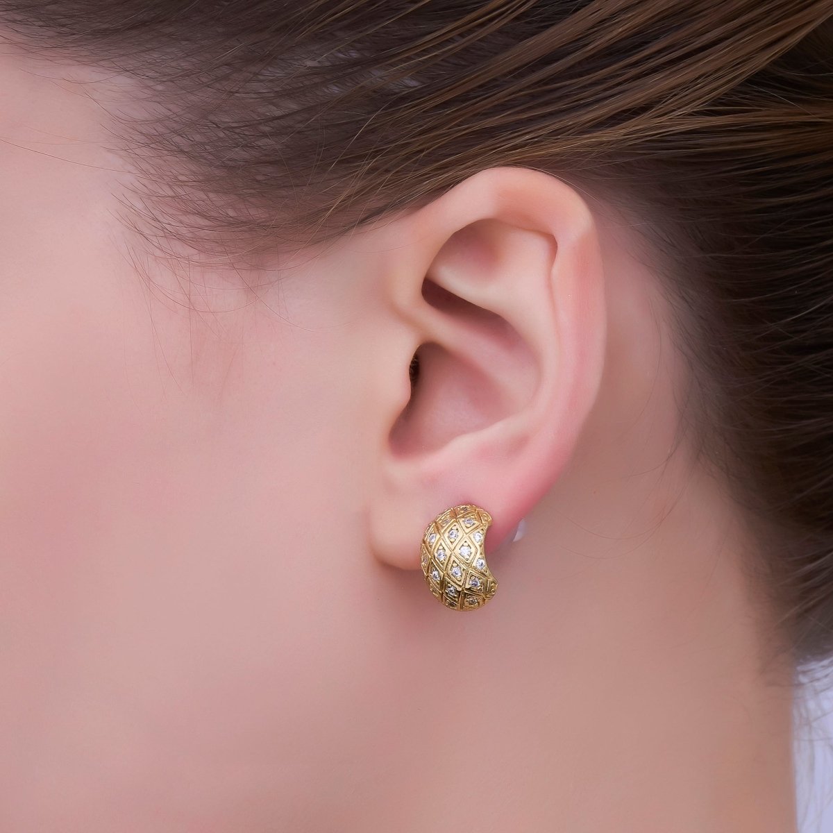 24K Gold Filled CZ Geometric Quilted Wide J - Shaped Hoop Earrings | AB708 - DLUXCA