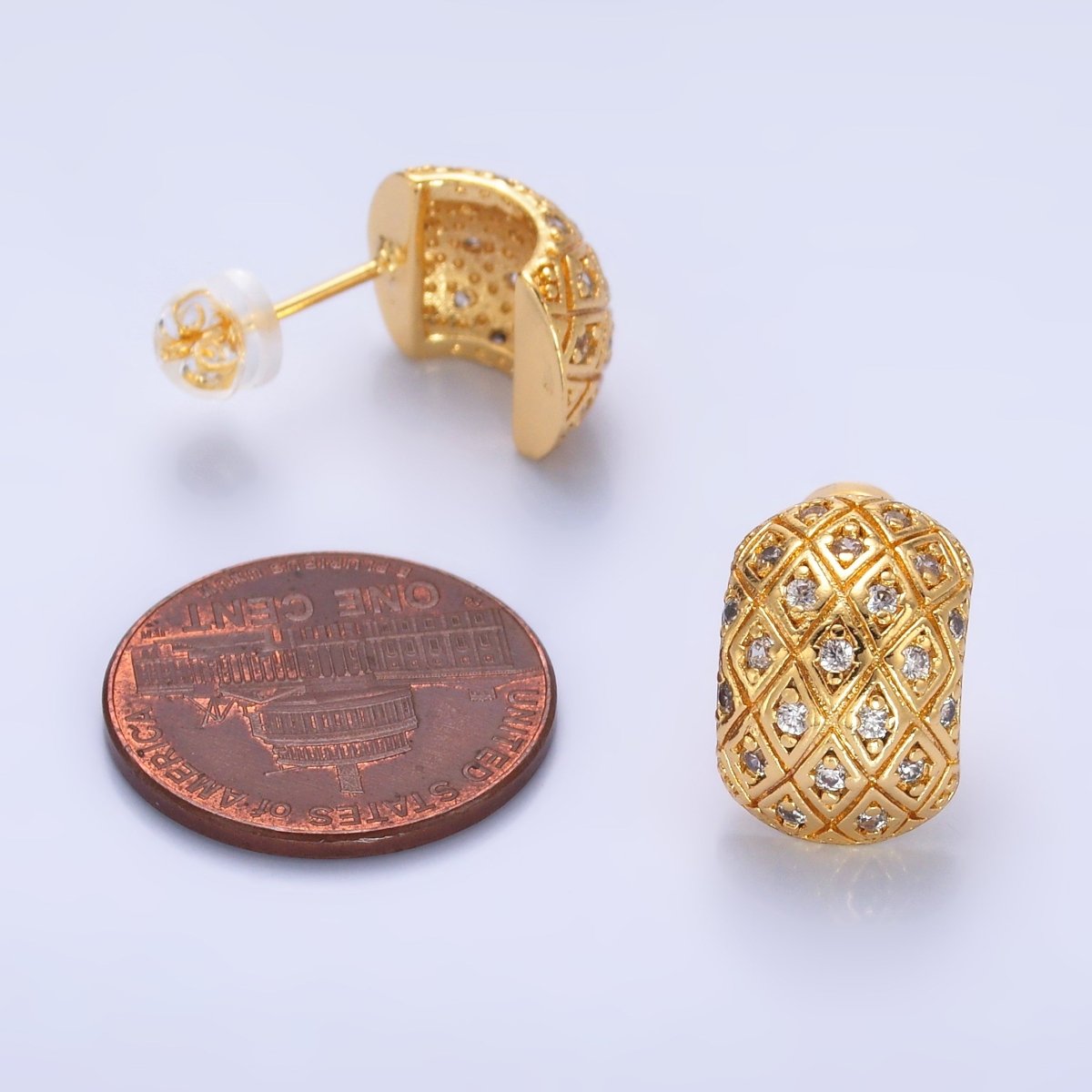 24K Gold Filled CZ Geometric Quilted Wide J - Shaped Hoop Earrings | AB708 - DLUXCA