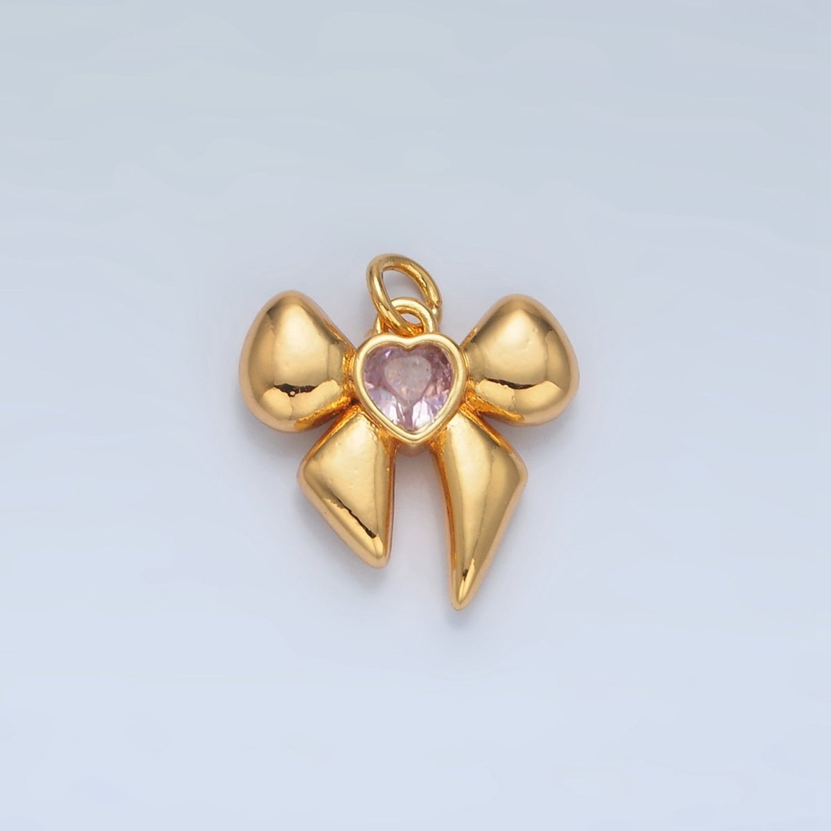 24k Gold Filled CZ Heart Puffy Ribbon Bow Charm | X - 311 - DLUXCA