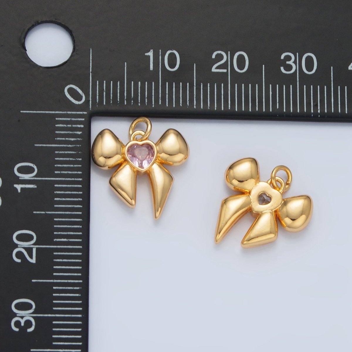 24k Gold Filled CZ Heart Puffy Ribbon Bow Charm | X - 311 - DLUXCA