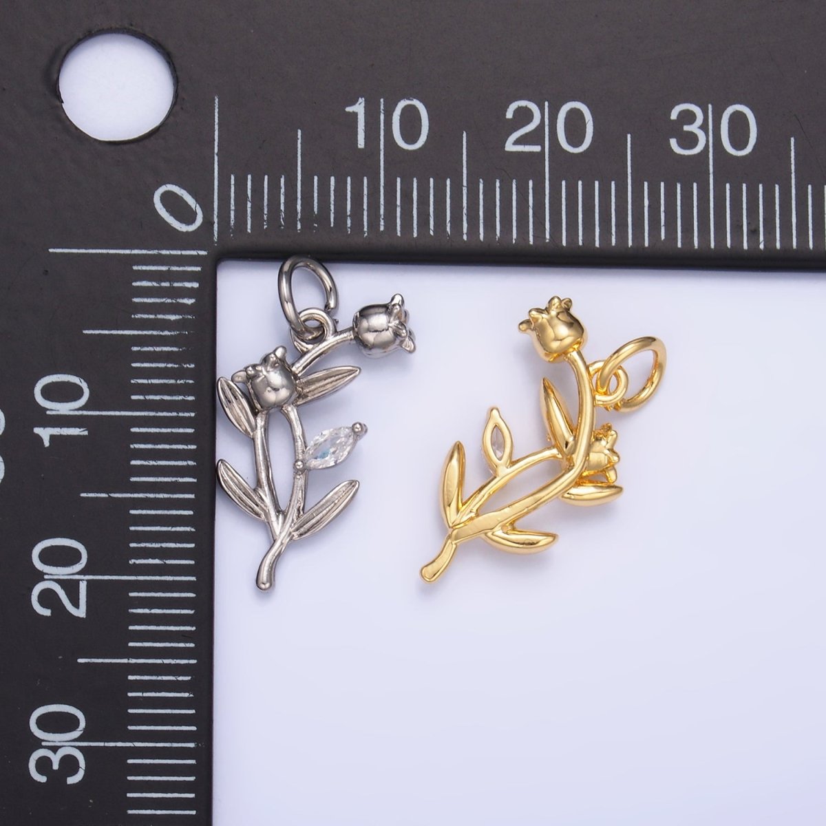 24K Gold Filled CZ Larkspur Flower Multidimensional 3D Charm in Gold & Silver | M177 - DLUXCA