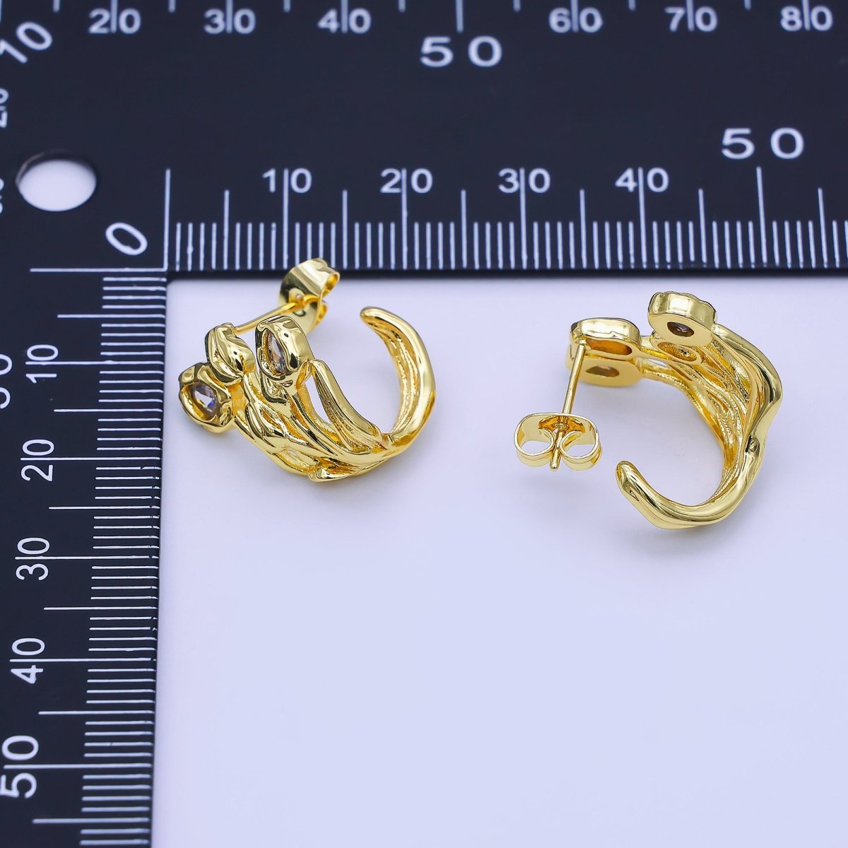24K Gold Filled CZ Molten Flower J - Shaped Hoop Earrings | AI499 - DLUXCA