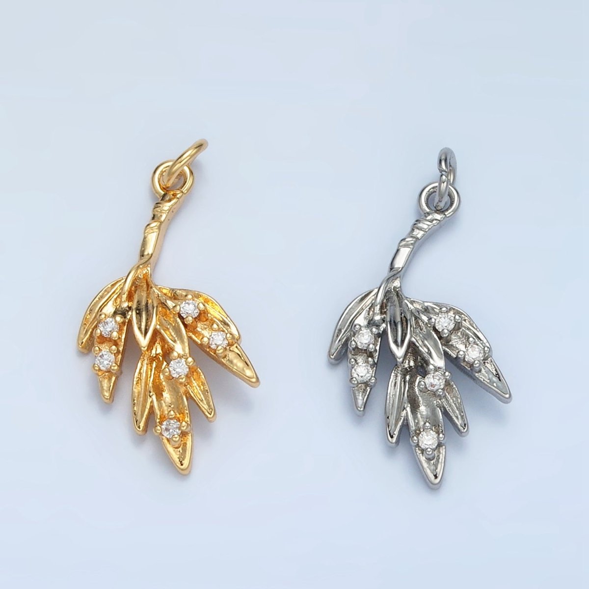 24K Gold Filled CZ Olive Branch Leaf Nature Charm in Gold & Silver | E381 - DLUXCA