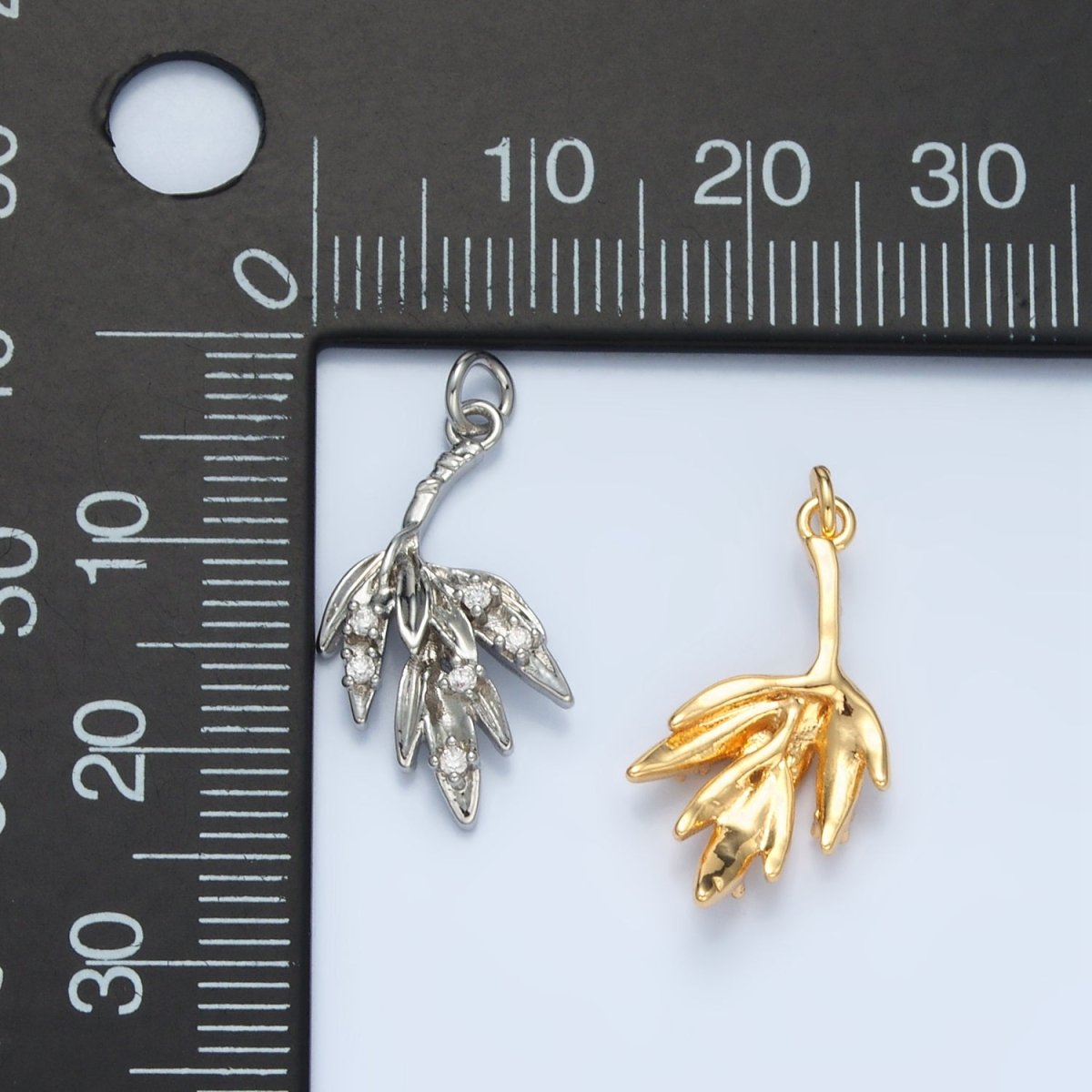 24K Gold Filled CZ Olive Branch Leaf Nature Charm in Gold & Silver | E381 - DLUXCA