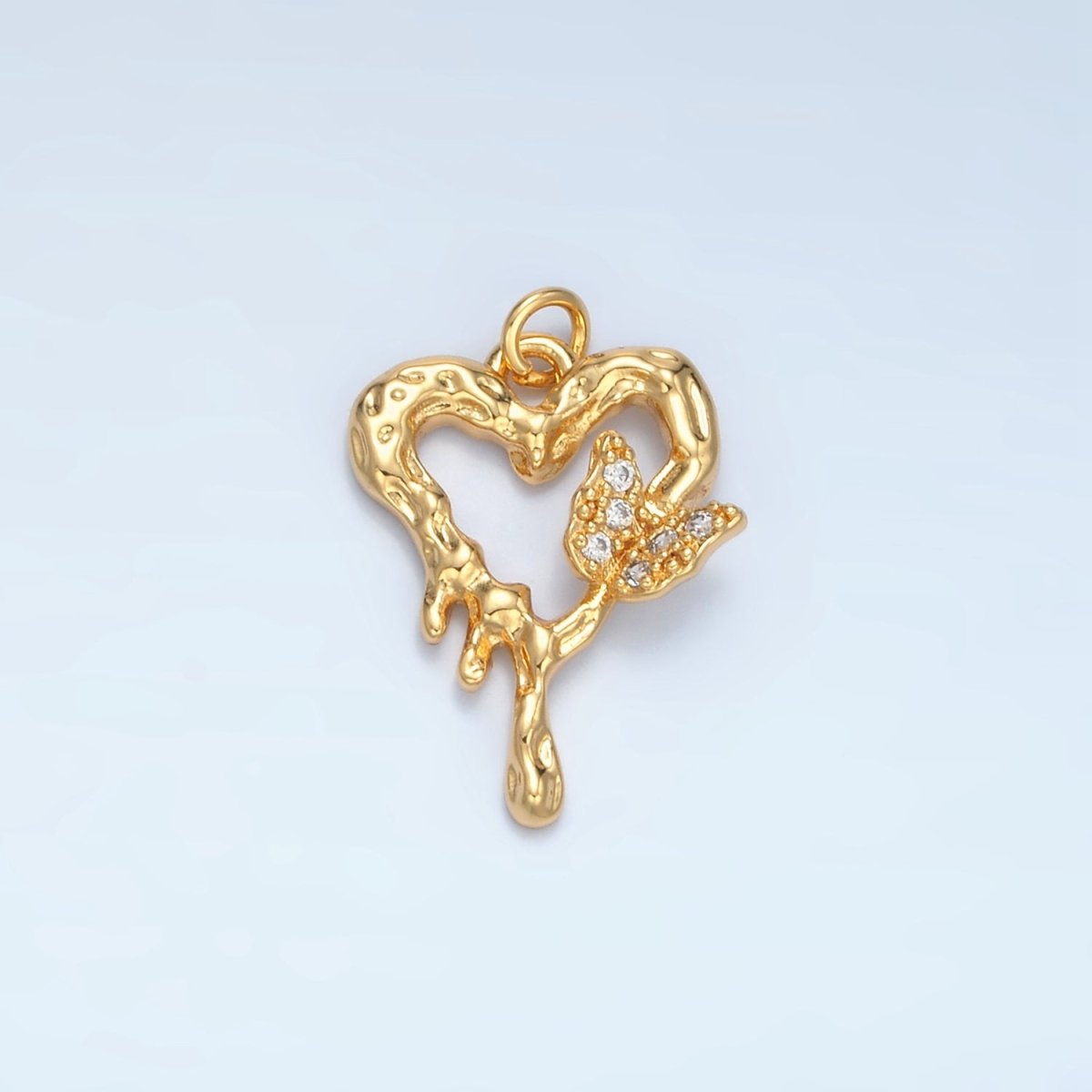 24K Gold Filled CZ Open Hammered Molten Heart Butterfly Charm in Gold & Silver | E384 - DLUXCA