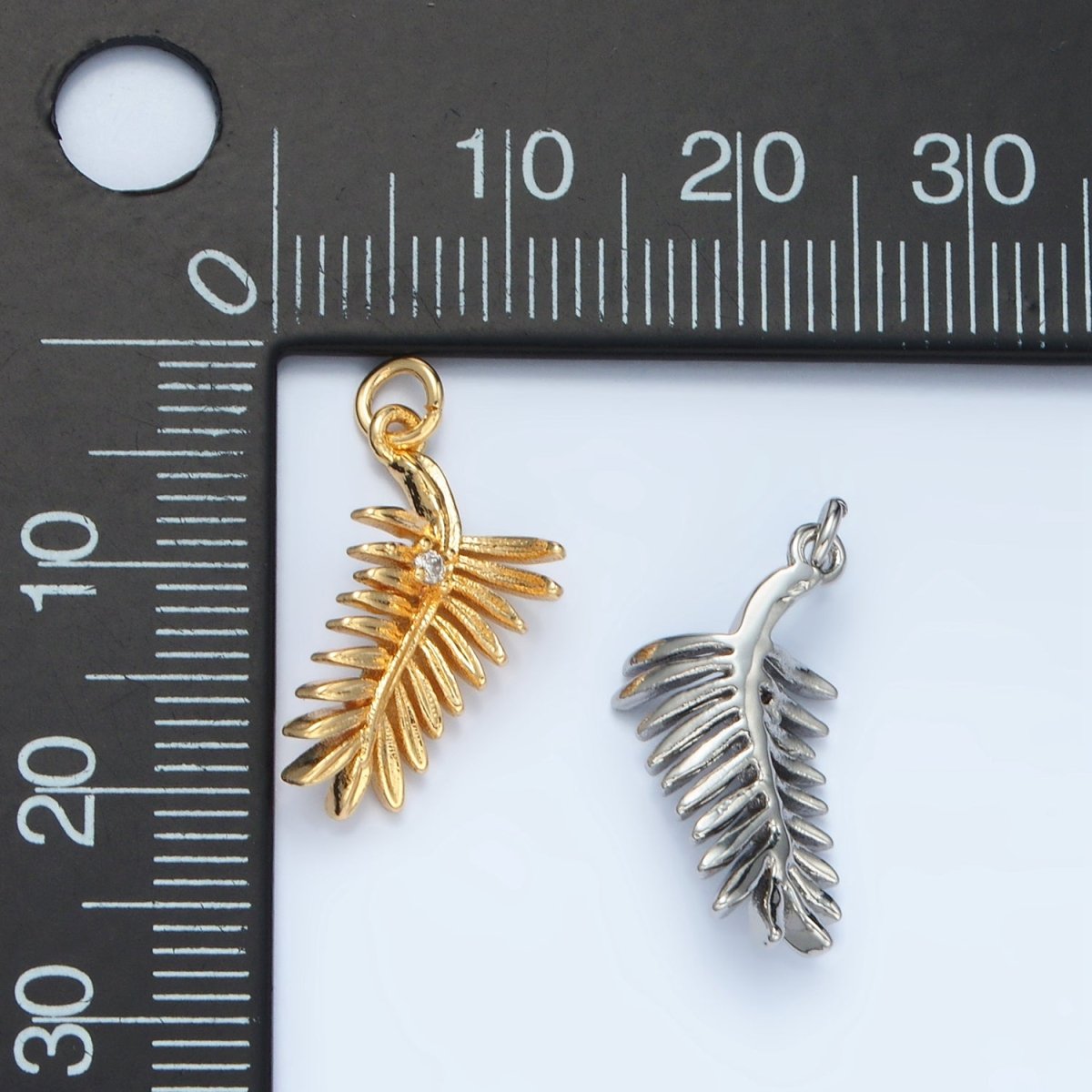 24K Gold Filled CZ Palm Leaf Nature Charm in Gold & Silver | E377 - DLUXCA