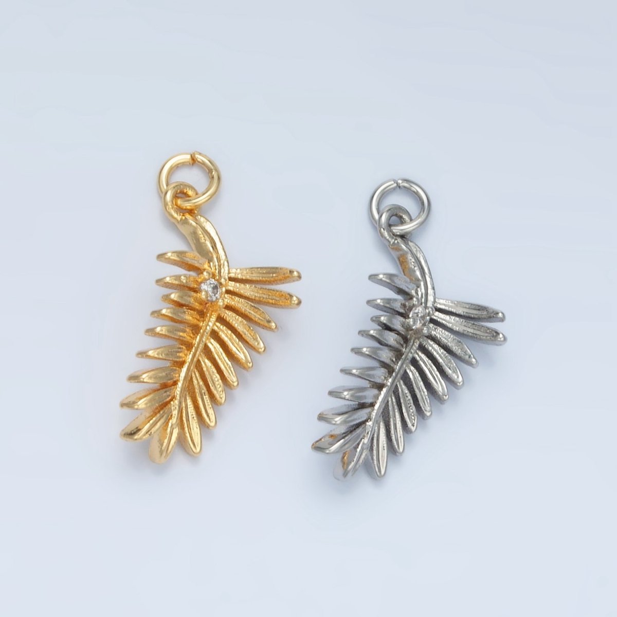 24K Gold Filled CZ Palm Leaf Nature Charm in Gold & Silver | E377 - DLUXCA