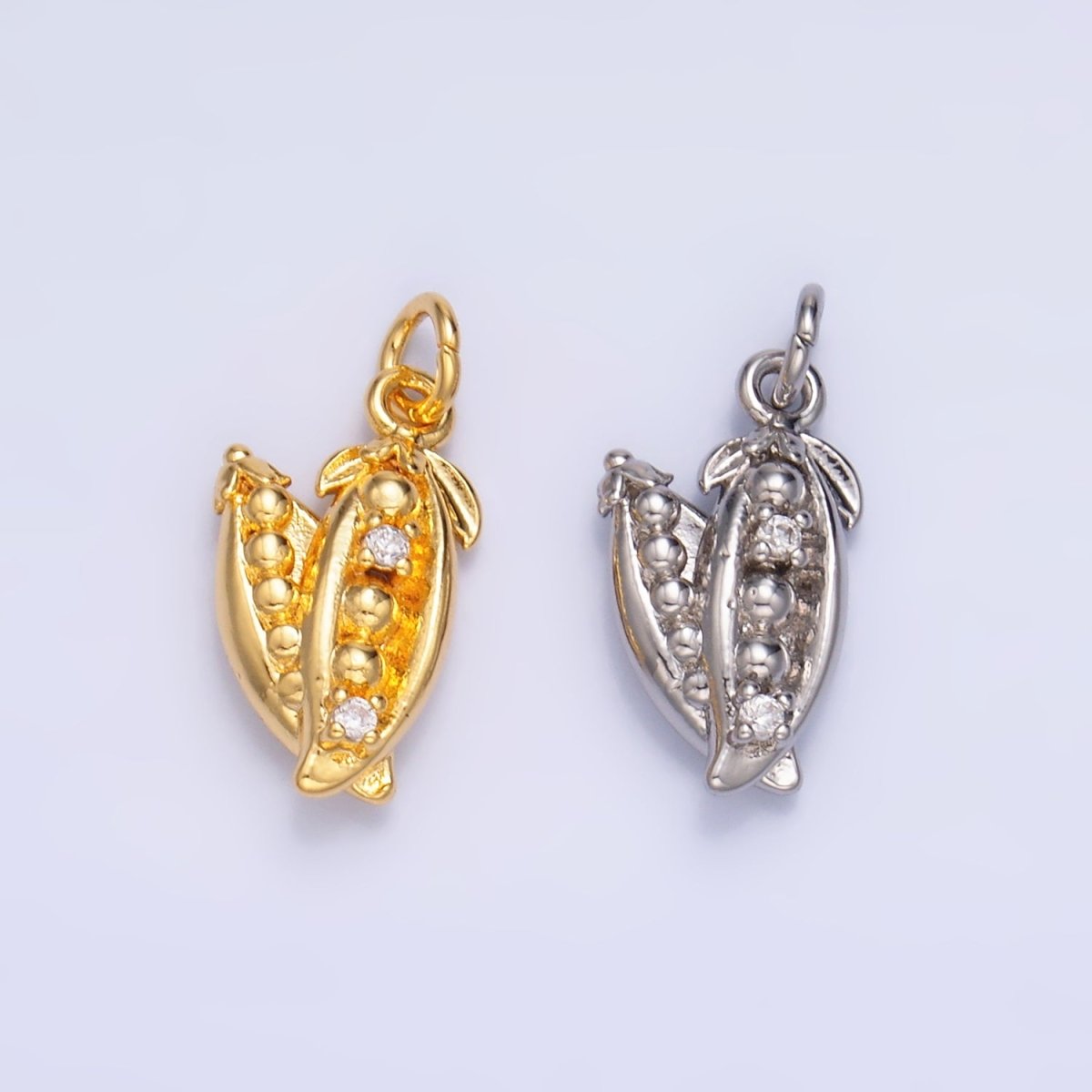 24K Gold Filled CZ Pea Pods Fruit Multidimensional 3D Charm in Gold & Silver | M173 - DLUXCA