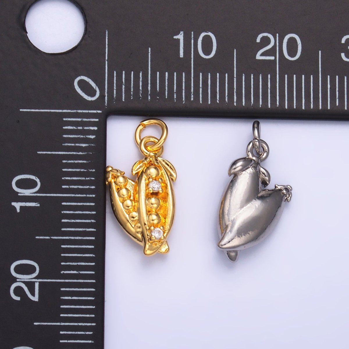 24K Gold Filled CZ Pea Pods Fruit Multidimensional 3D Charm in Gold & Silver | M173 - DLUXCA