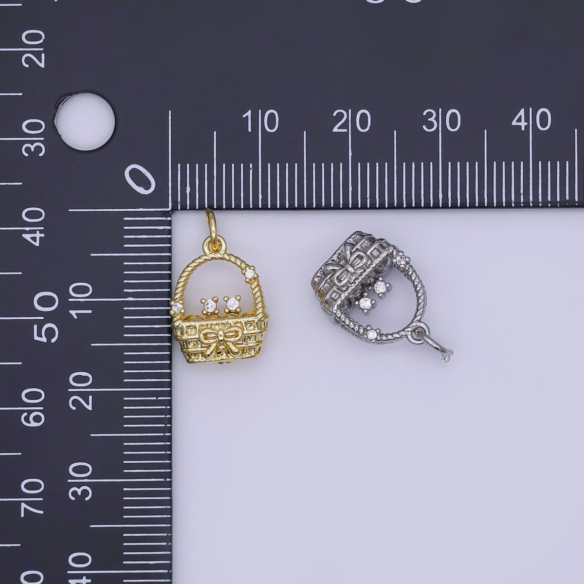 24K Gold Filled CZ Picnic Basket 3D Multidimensional Charm in Gold & Silver | AJ366 - DLUXCA