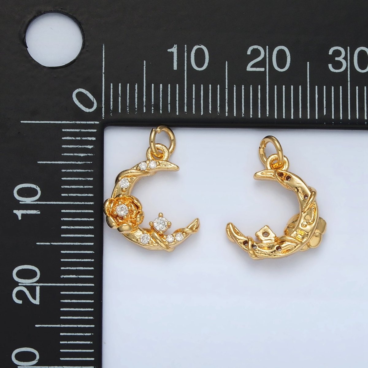 24K Gold Filled CZ Rose Flower Crescent Moon Celestial Charm | AC143 - DLUXCA
