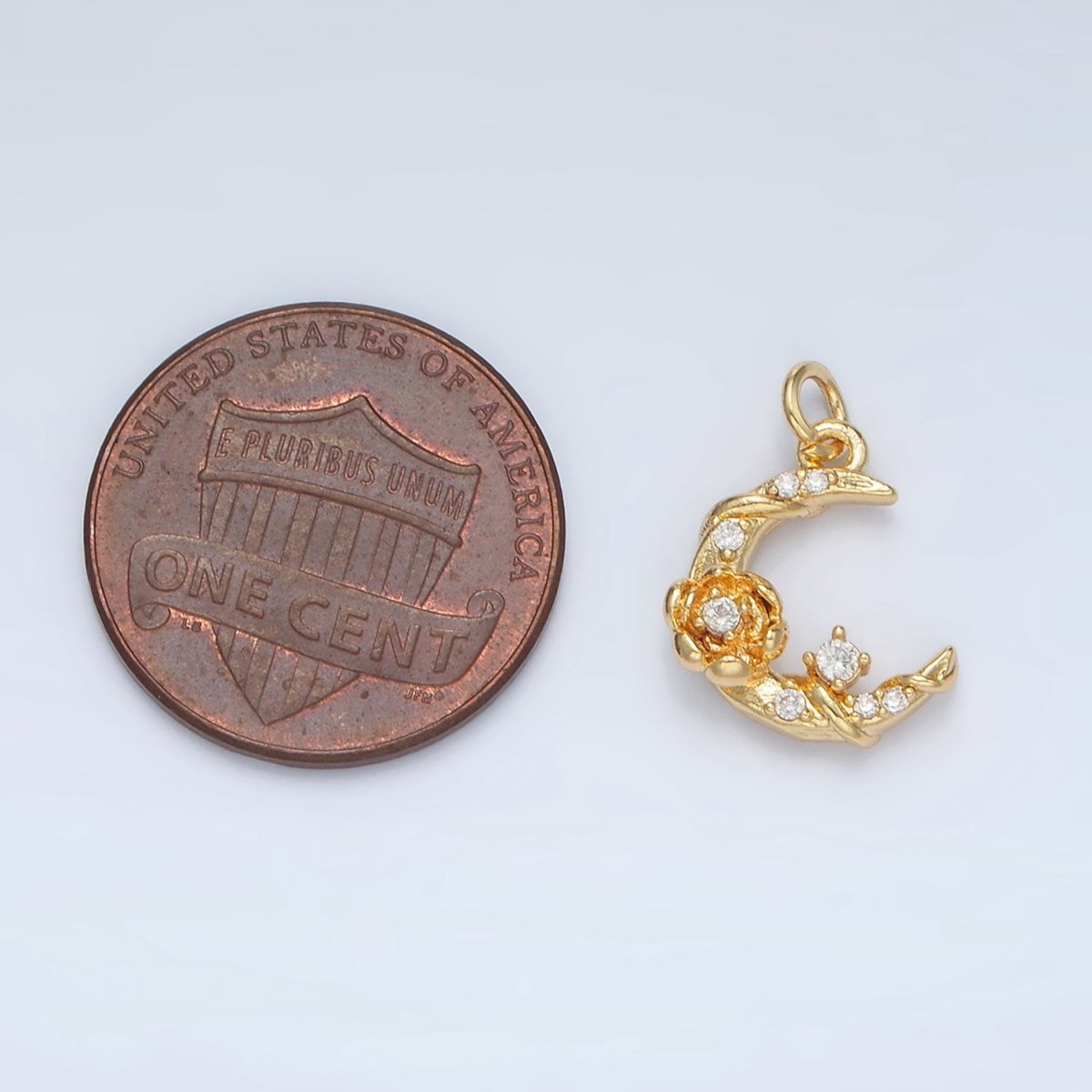 24K Gold Filled CZ Rose Flower Crescent Moon Celestial Charm | AC143 - DLUXCA