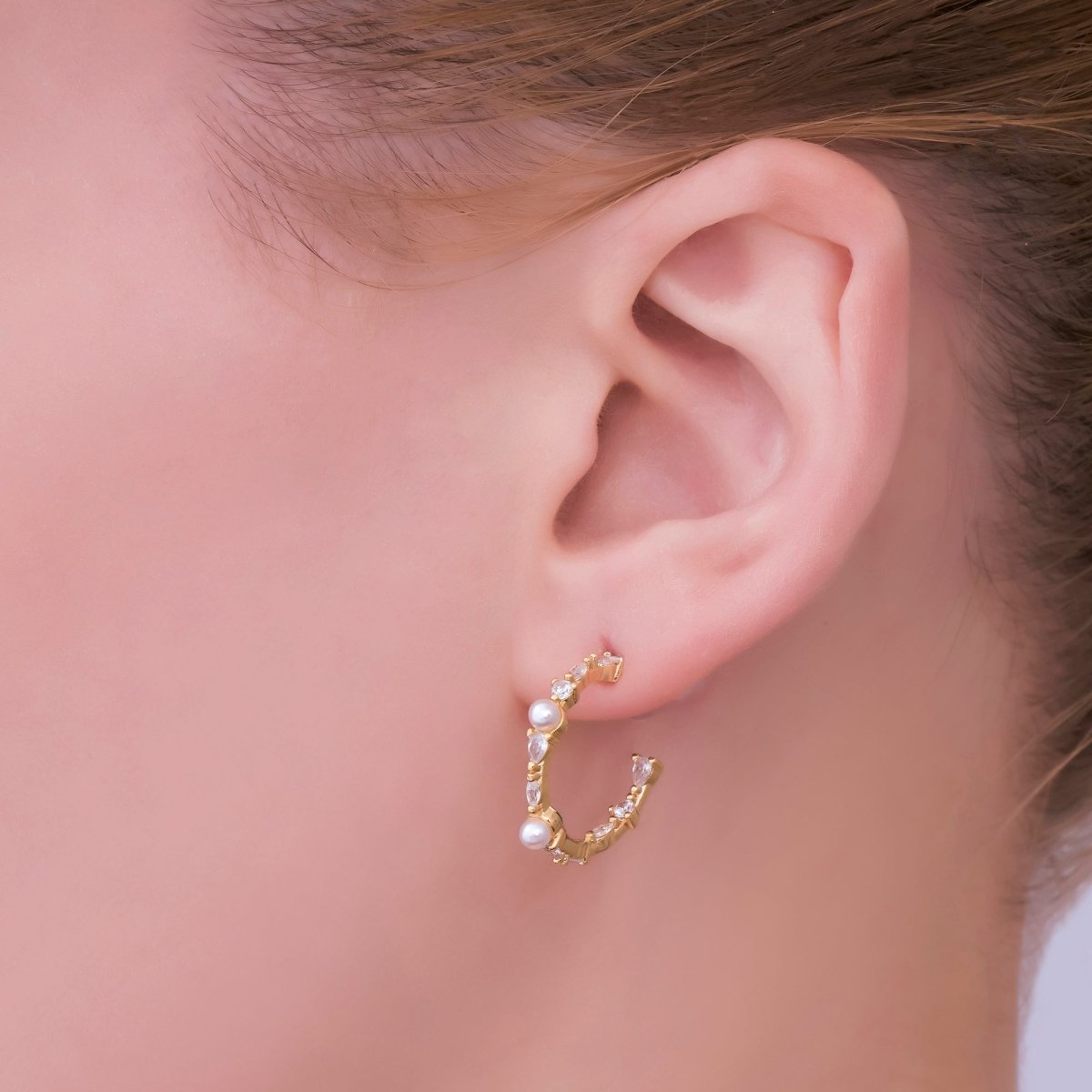 24K Gold Filled CZ Shell Pearl C - Shape Earrings in Gold & Silver | AB1467 AB1468 - DLUXCA