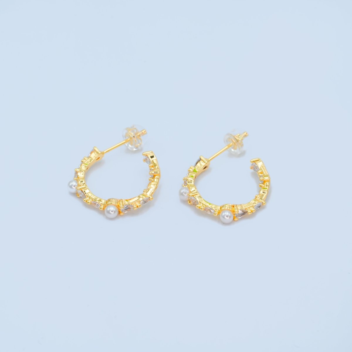24K Gold Filled CZ Shell Pearl C - Shape Earrings in Gold & Silver | AB1467 AB1468 - DLUXCA