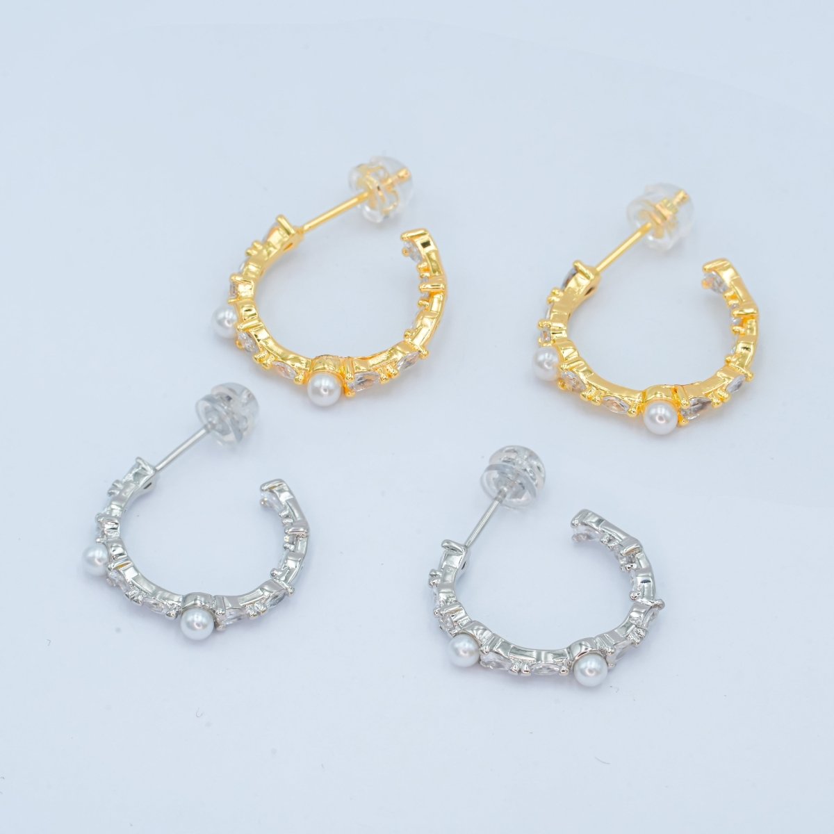 24K Gold Filled CZ Shell Pearl C - Shape Earrings in Gold & Silver | AB1467 AB1468 - DLUXCA