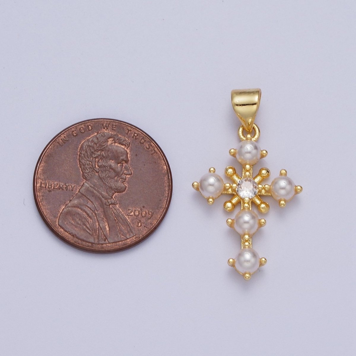 24K Gold Filled CZ Shell Pearl Religious Cross Pendant | H663 - DLUXCA