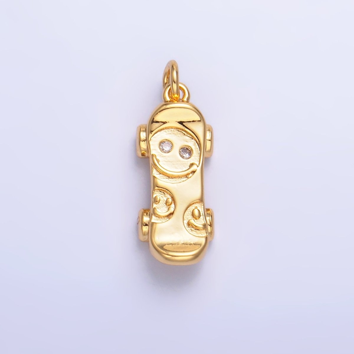 24K Gold Filled CZ Smiley Face Skateboard Charm in Gold & Silver | W792 - DLUXCA