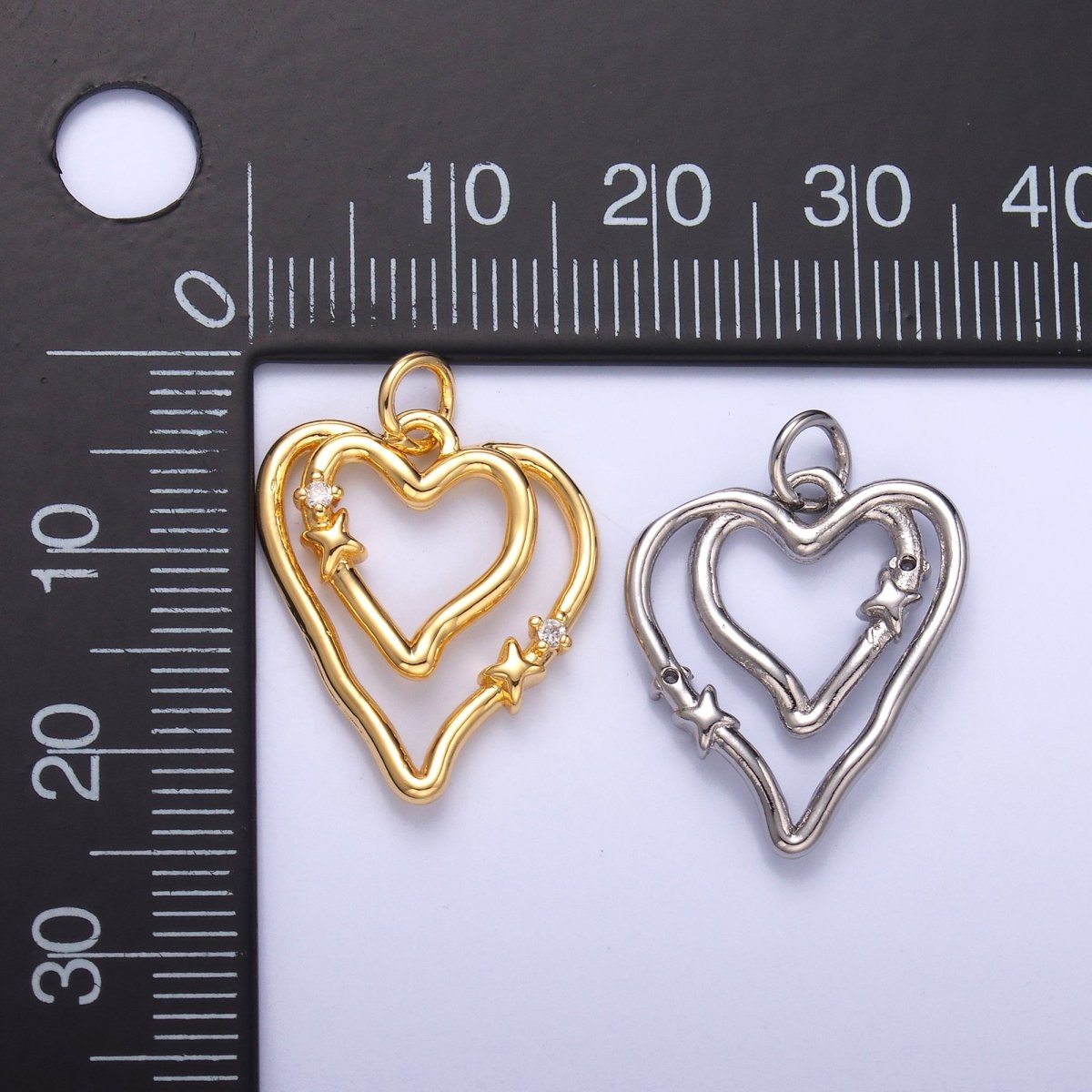 24K Gold Filled CZ Star Heart Double Band Charm in Gold & Silver | N016 - DLUXCA
