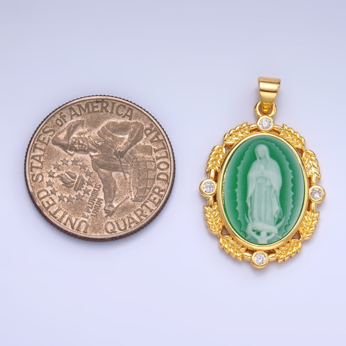 24K Gold Filled CZ Virgin Mary Flower Leaf Outline Oval Religious Pendant | AA867 - DLUXCA