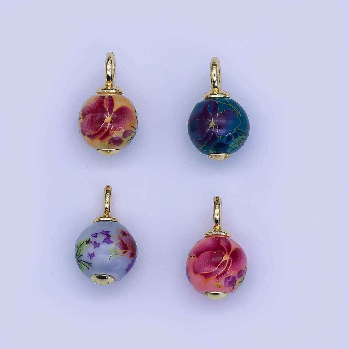 24K Gold Filled Dark Blue, Yellow, Light Blue, Pink Flower Round Ceramic Drop Pendant | C458 C478 - DLUXCA