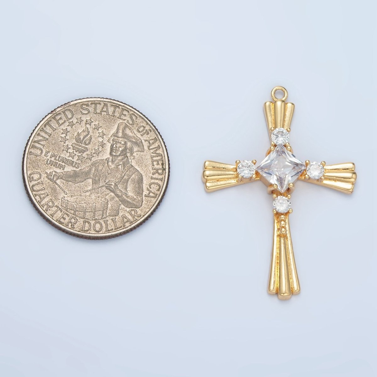 24k Gold Filled Diamond CZ Line Textured Religious Cross Charm | M - 016 - DLUXCA
