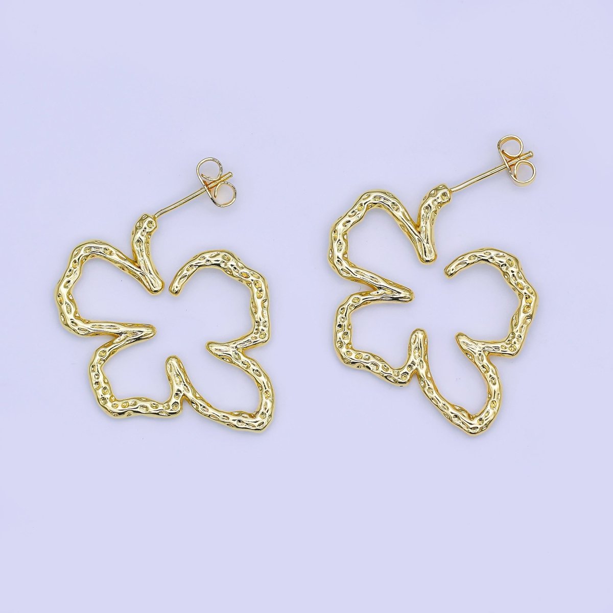 24K Gold Filled Dotted - Hammered Open Flower Drop Stud Earrings | AI497 - DLUXCA