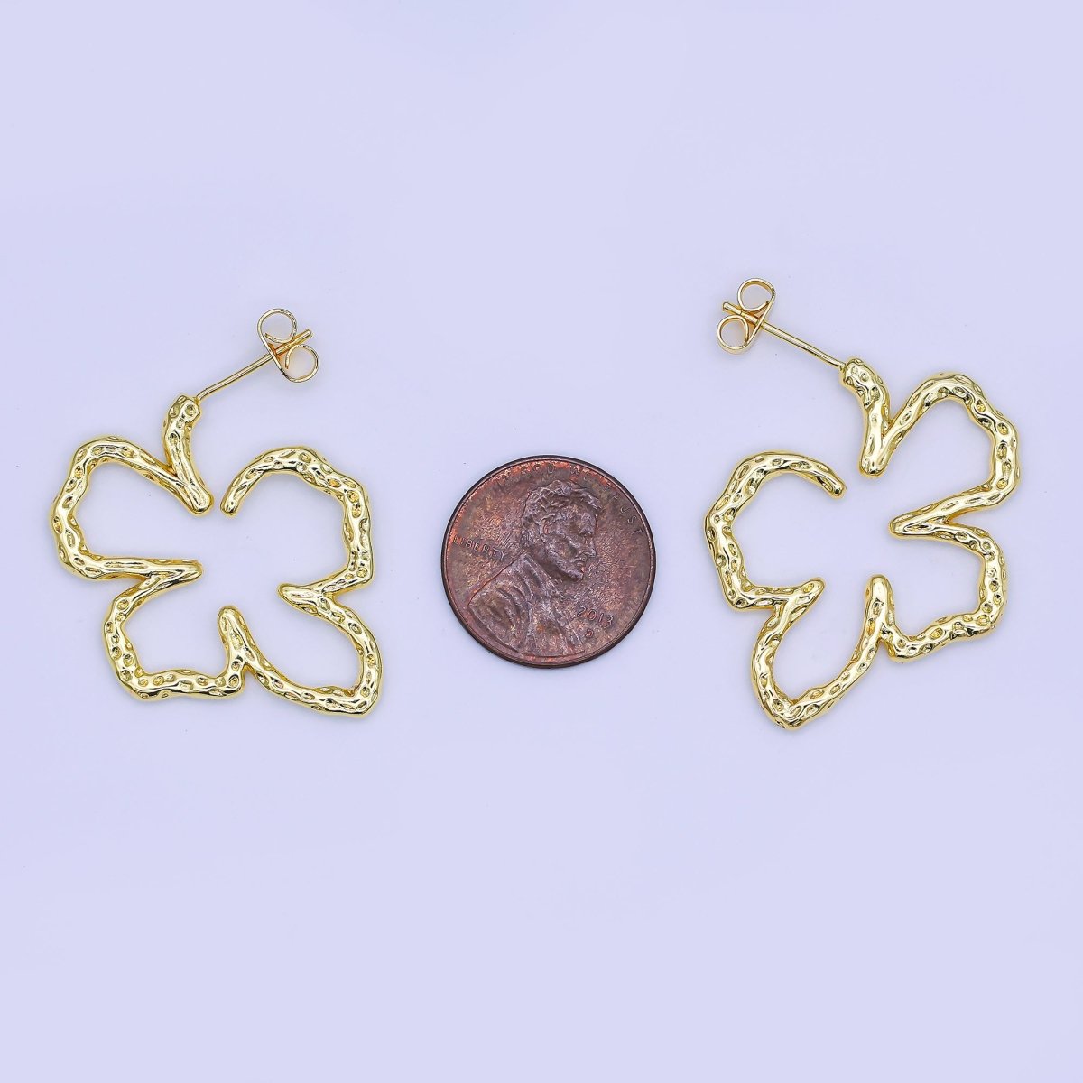24K Gold Filled Dotted - Hammered Open Flower Drop Stud Earrings | AI497 - DLUXCA