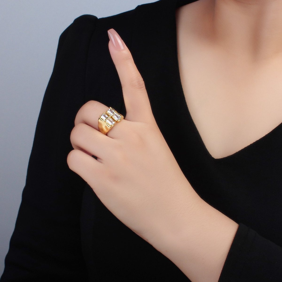 24K Gold Filled Double Baguette CZ Signet Wrap Ring | U330 - DLUXCA