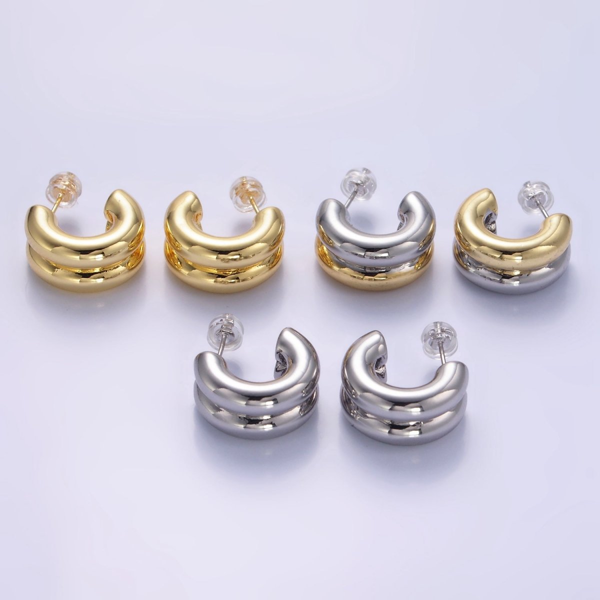 24K Gold Filled Double Band C - Shaped Hoop Earrings in Gold, Silver & Mixed Metal | T316 T317 - DLUXCA