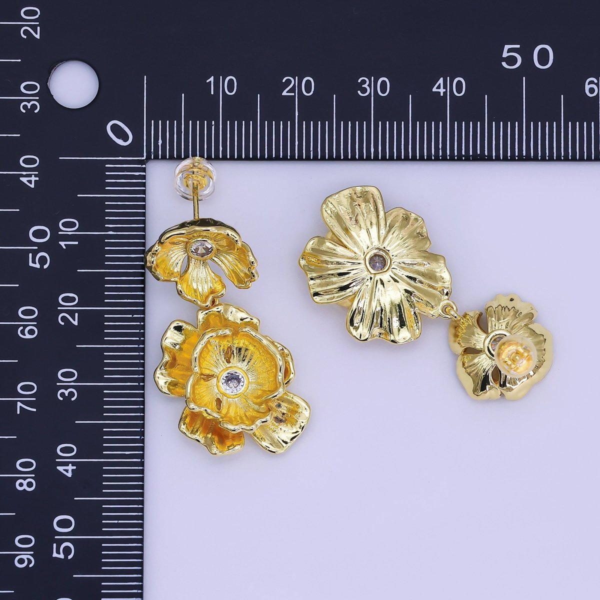 24K Gold Filled Double Clear CZ Molten Foil Flower Drop Stud Earrings | AI502 - DLUXCA