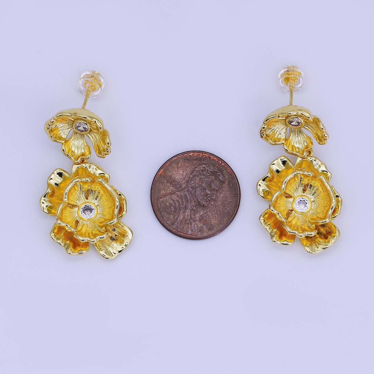 24K Gold Filled Double Clear CZ Molten Foil Flower Drop Stud Earrings | AI502 - DLUXCA