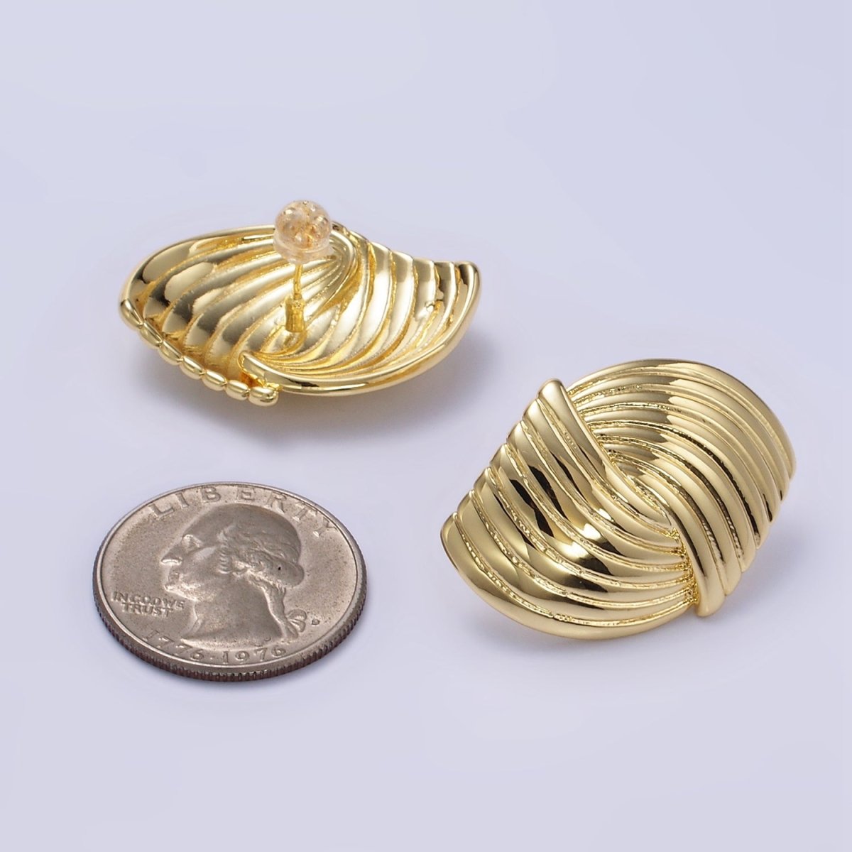 24K Gold Filled Double Curved Puffed Lined Geometric Stud Earrings in Gold & Silver | T314 T315 - DLUXCA