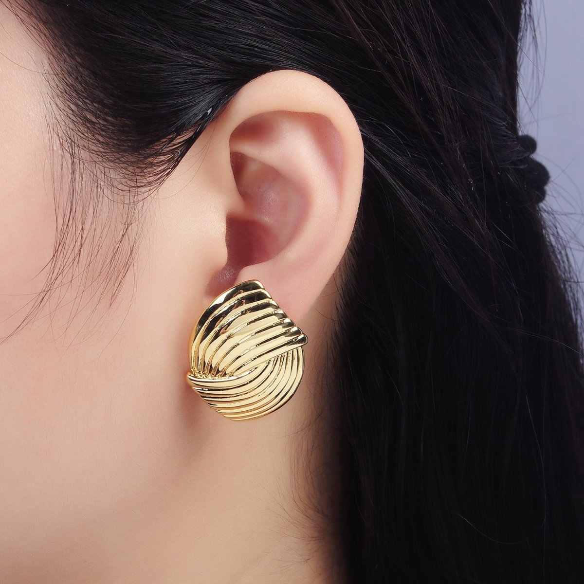 24K Gold Filled Double Curved Puffed Lined Geometric Stud Earrings in Gold & Silver | T314 T315 - DLUXCA