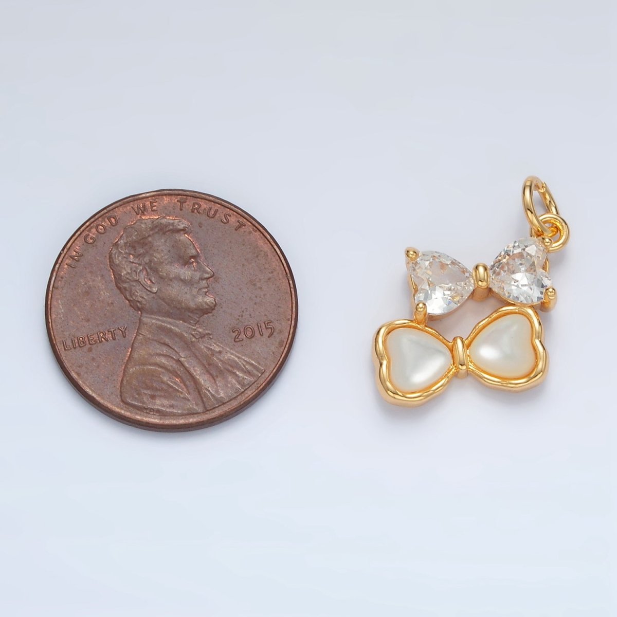 24K Gold Filled Double Ribbon Bow Shell Pearl CZ Charm | AG934 - DLUXCA