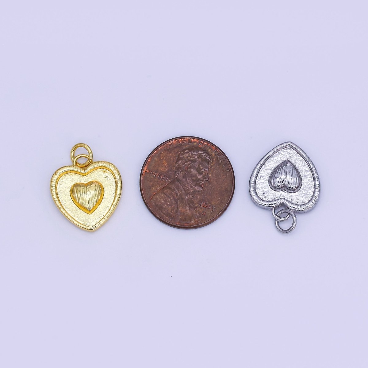 24K Gold Filled Double Sided Textured Sunburst Heart Outline Charm in Gold & Silver | AJ291 - DLUXCA