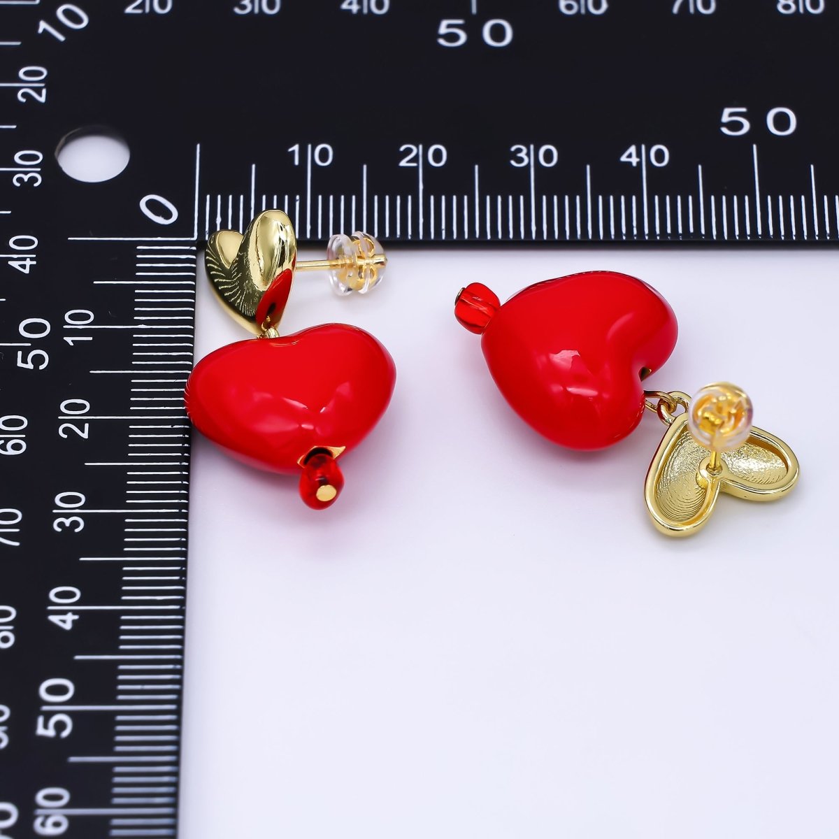 24K Gold Filled Enamel Art Double Romantic Love Heart Drop Stud Earrings | T - 503 - DLUXCA
