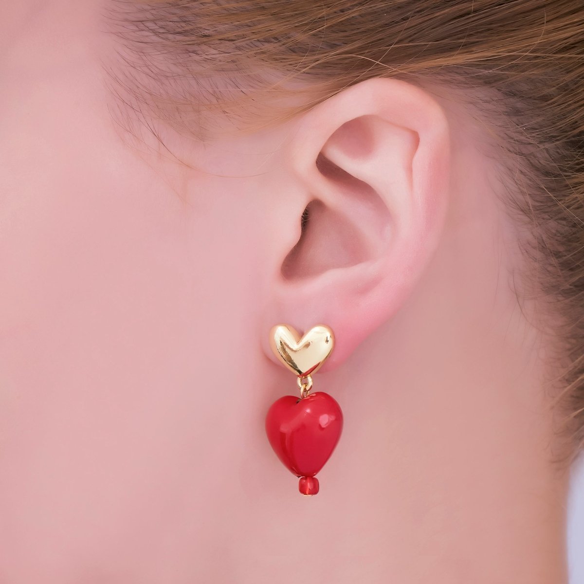 24K Gold Filled Enamel Art Double Romantic Love Heart Drop Stud Earrings | T - 503 - DLUXCA
