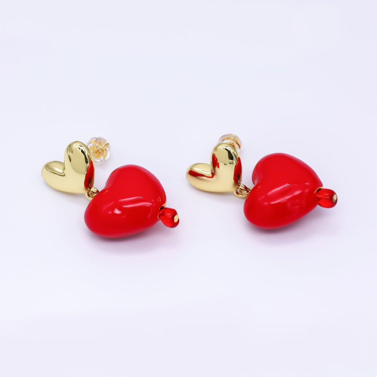 24K Gold Filled Enamel Art Double Romantic Love Heart Drop Stud Earrings | T - 503 - DLUXCA