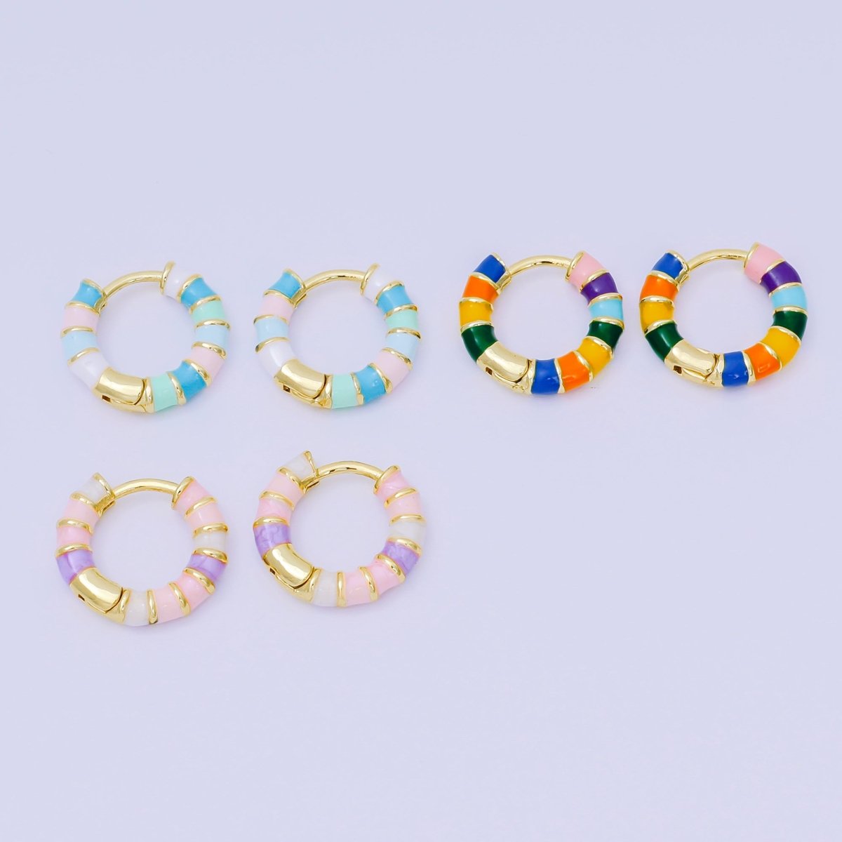 24K Gold Filled Enamel Art Pastel Colorful Candy Stripes Hinged Hoops Earrings | AJ - 113 - AJ - 115 - DLUXCA