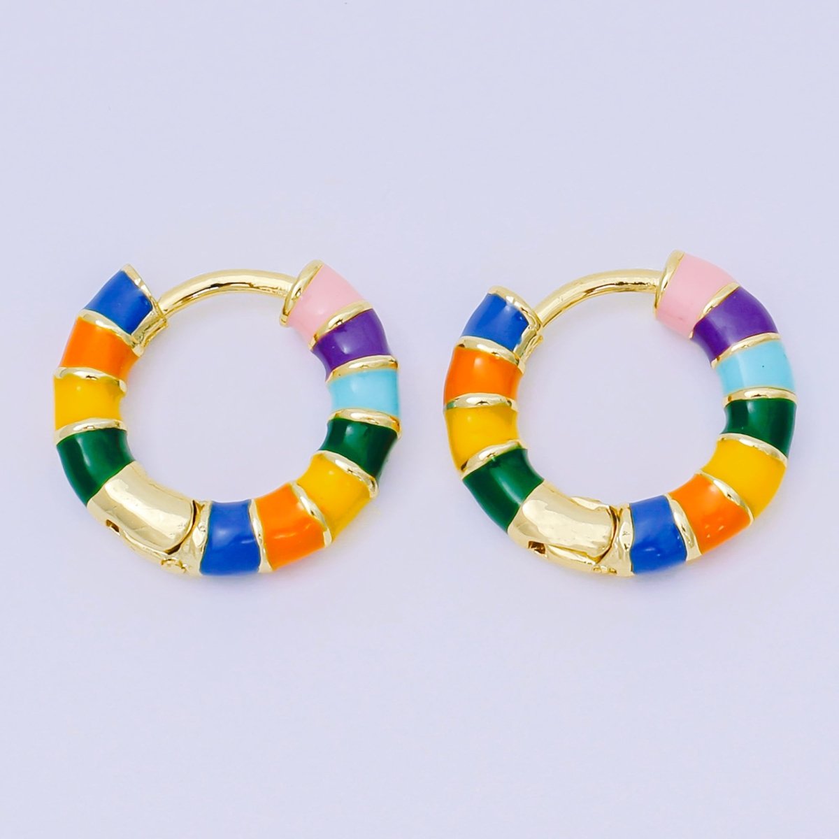 24K Gold Filled Enamel Art Pastel Colorful Candy Stripes Hinged Hoops Earrings | AJ - 113 - AJ - 115 - DLUXCA