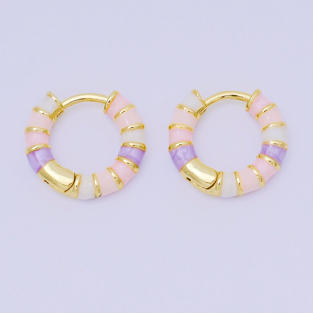 24K Gold Filled Enamel Art Pastel Colorful Candy Stripes Hinged Hoops Earrings | AJ - 113 - AJ - 115 - DLUXCA