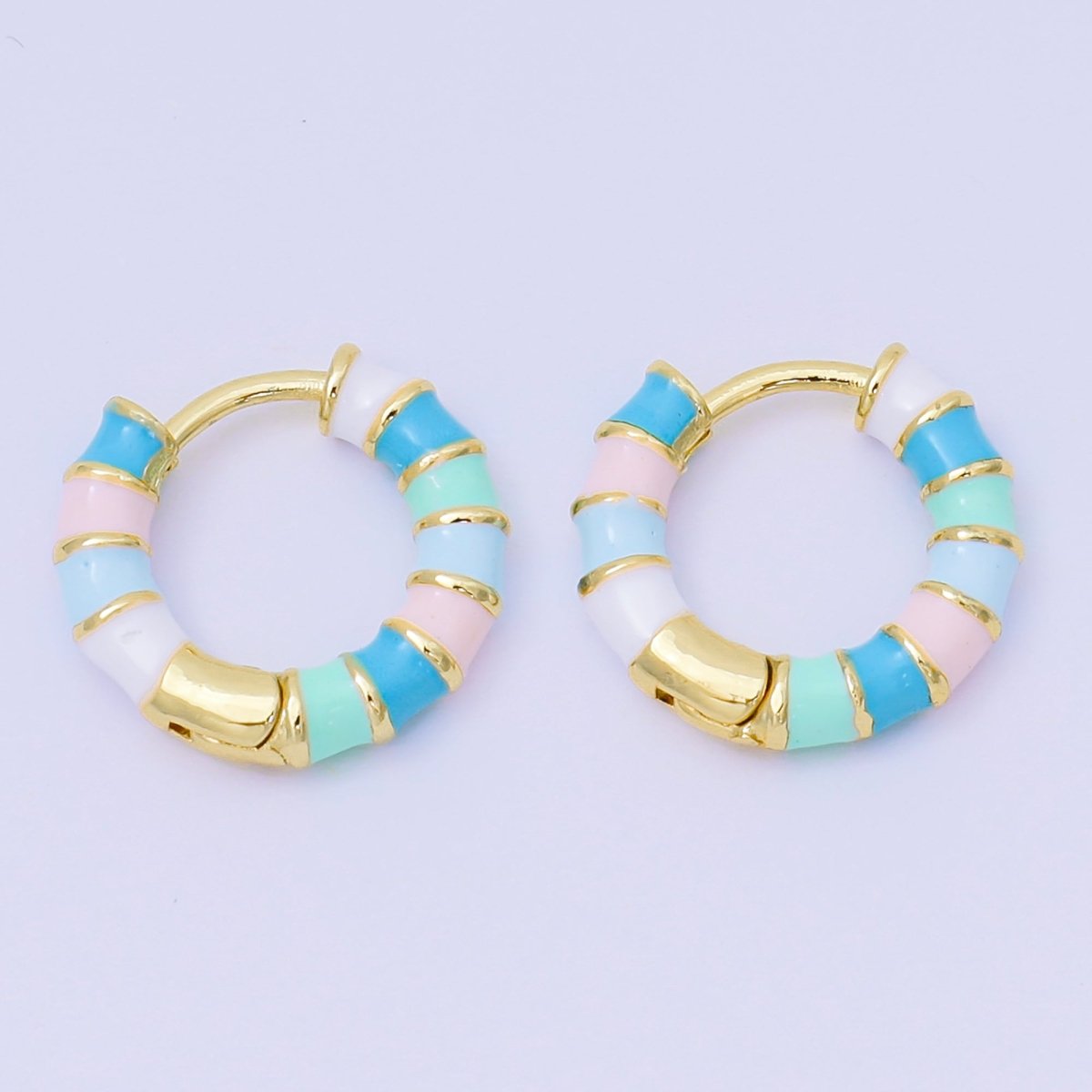 24K Gold Filled Enamel Art Pastel Colorful Candy Stripes Hinged Hoops Earrings | AJ - 113 - AJ - 115 - DLUXCA