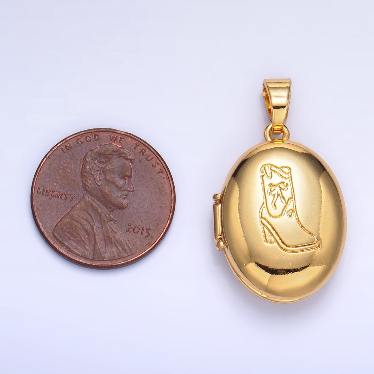 24K Gold Filled Engraved Cowboy Boot Oval Locket Pendant | AA - 1016 - DLUXCA
