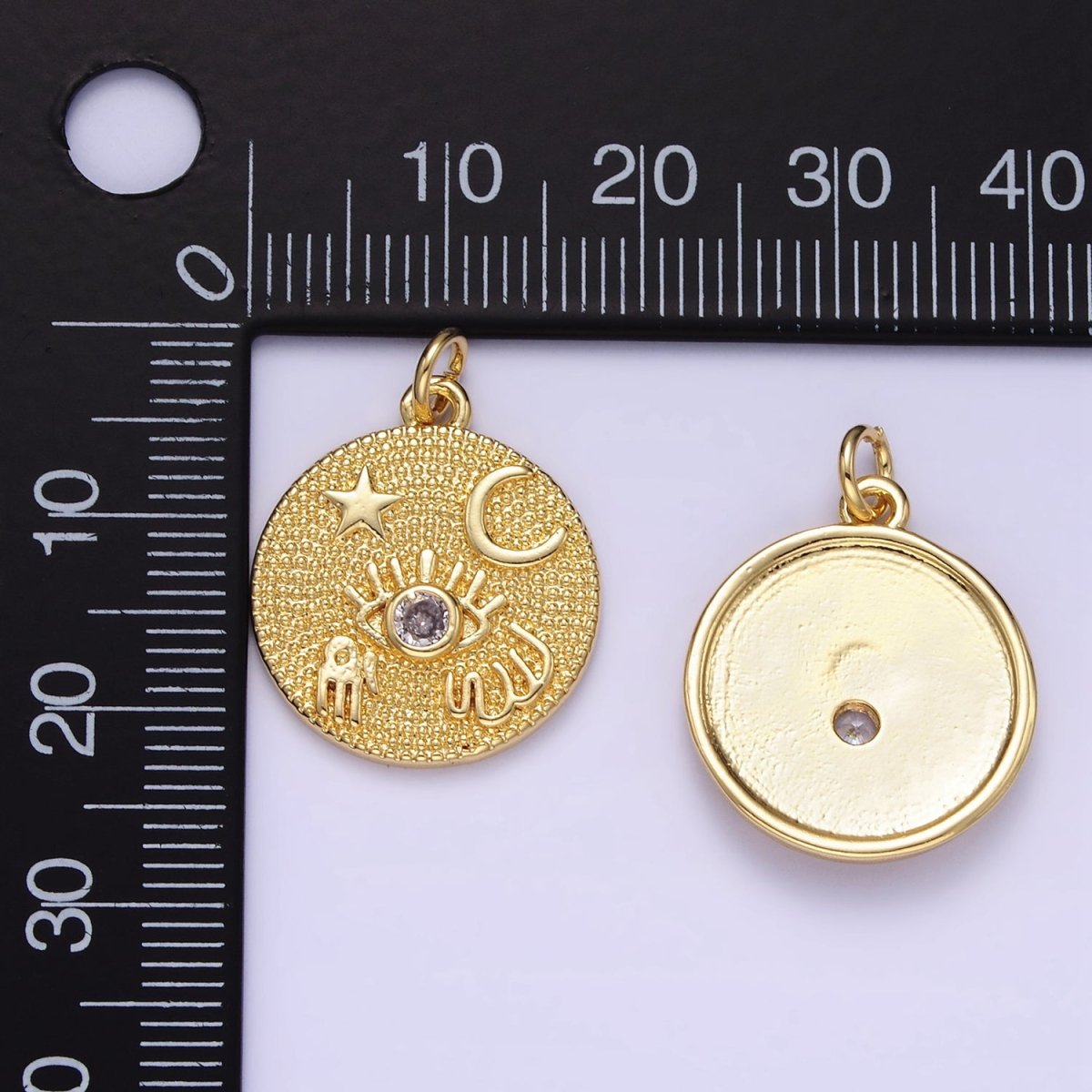 24K Gold Filled Evil Eye Hamsa Hand Celestial Textured Round Charm | E347 - DLUXCA