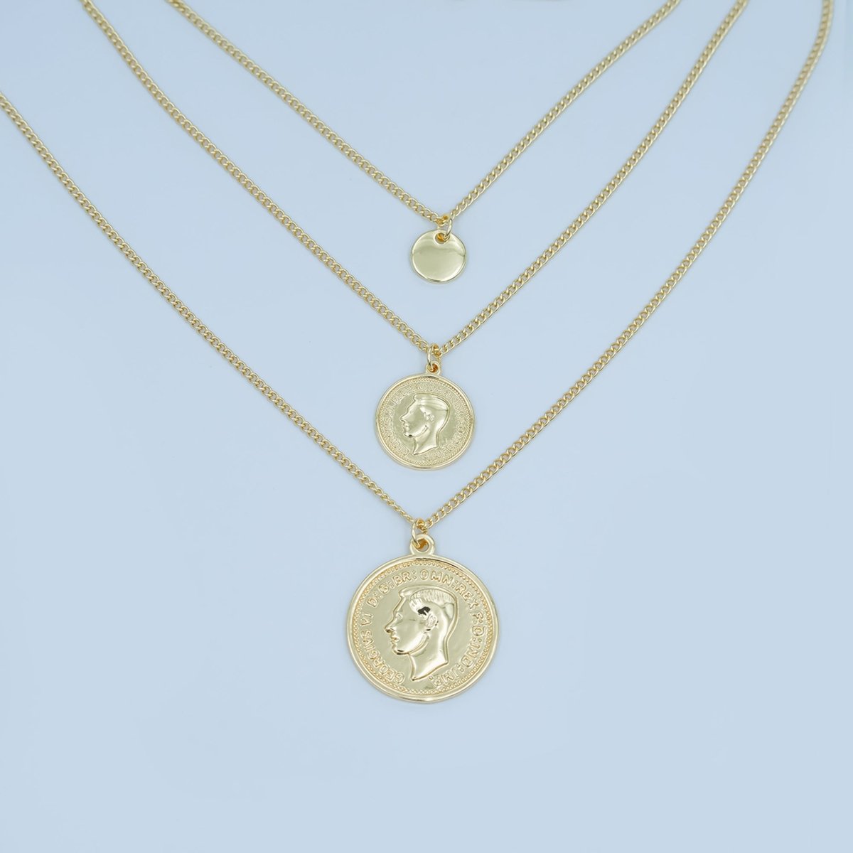 24K Gold Filled Face Coin Triple Layer Curb Chain Necklace | WA - 3051 - DLUXCA