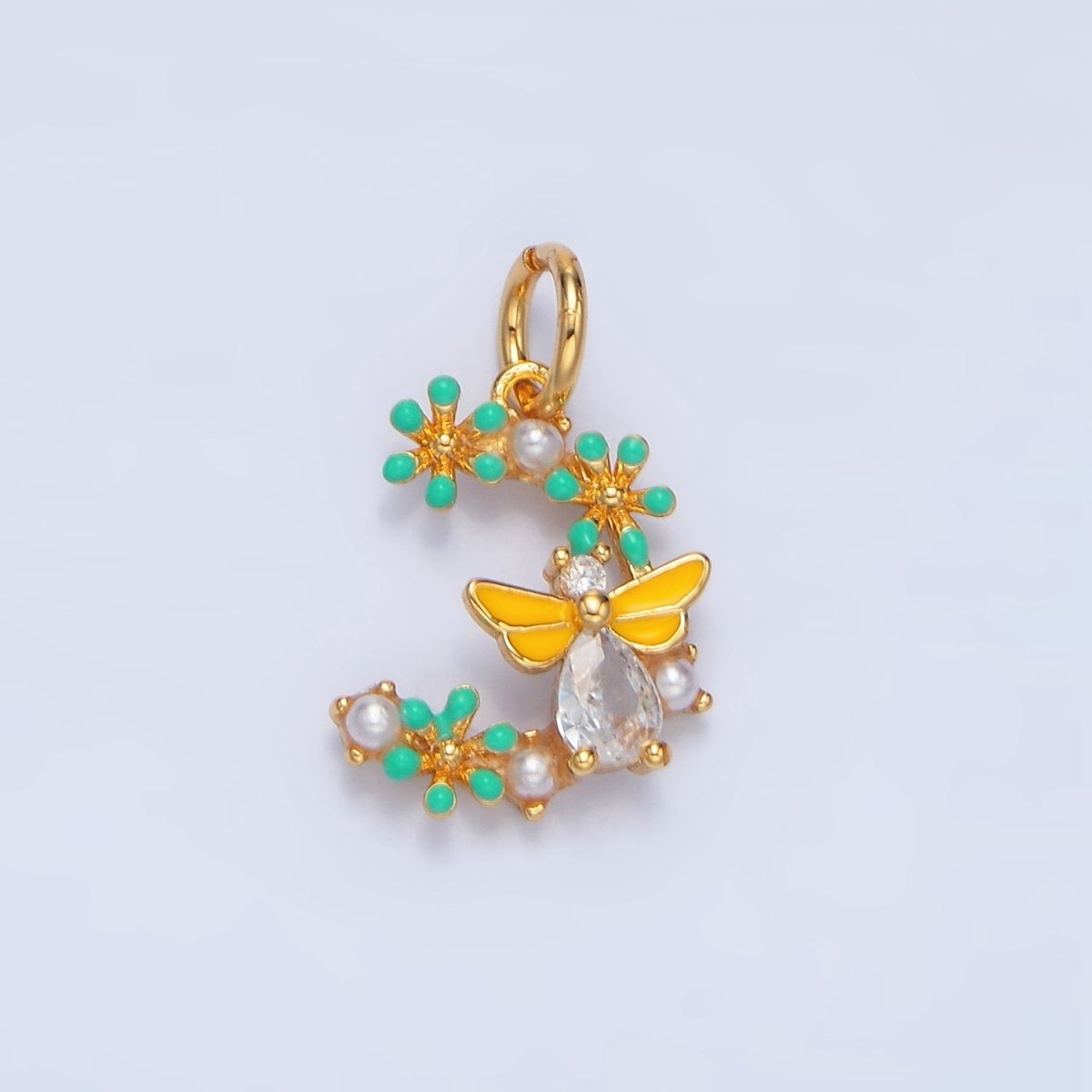 24K Gold Filled Flower Bumble Bee CZ Enamel Charm | X605 - DLUXCA