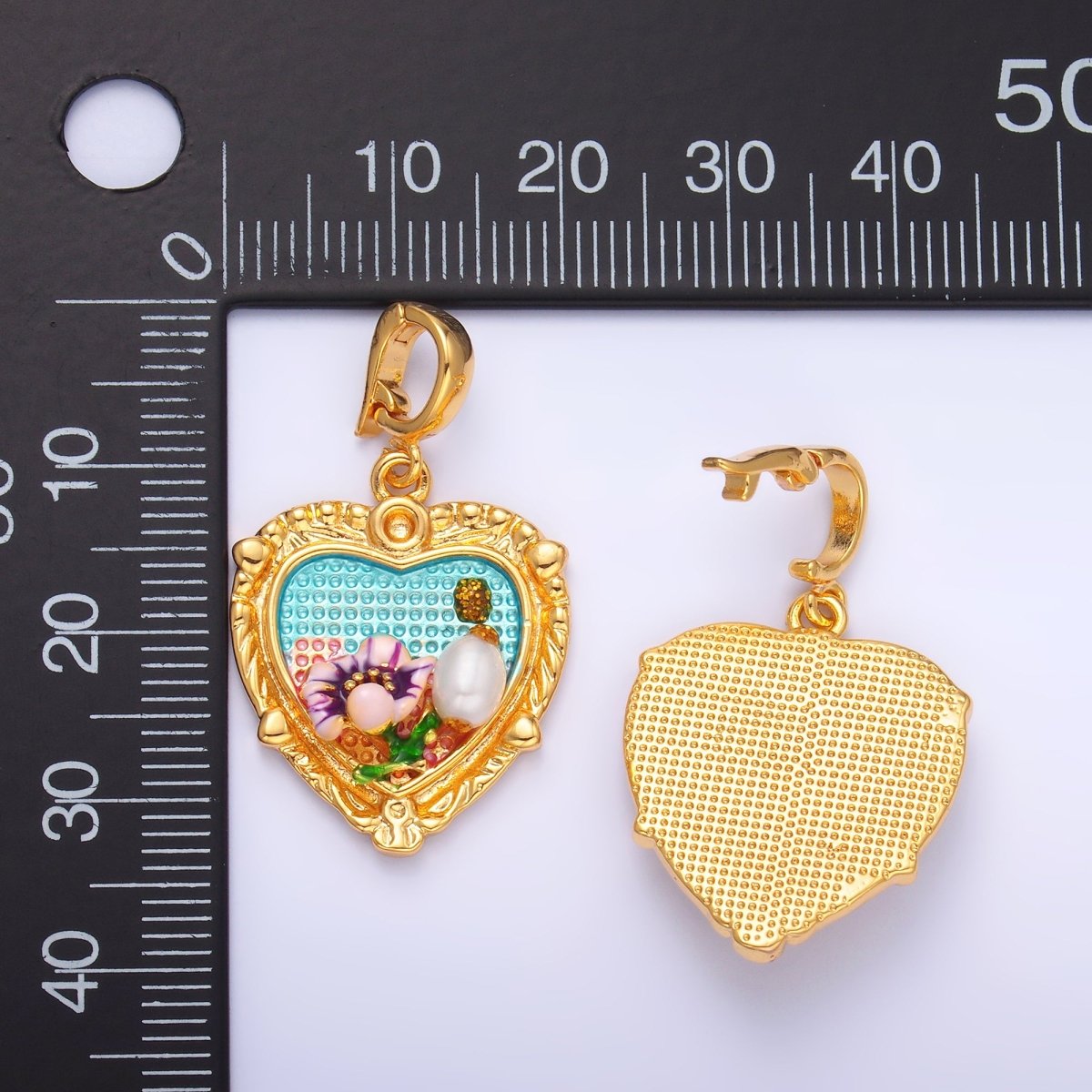 24K Gold Filled Flower Garden Heart Enamel Charm with Snap Bail Pendant | AA - 1470 - DLUXCA