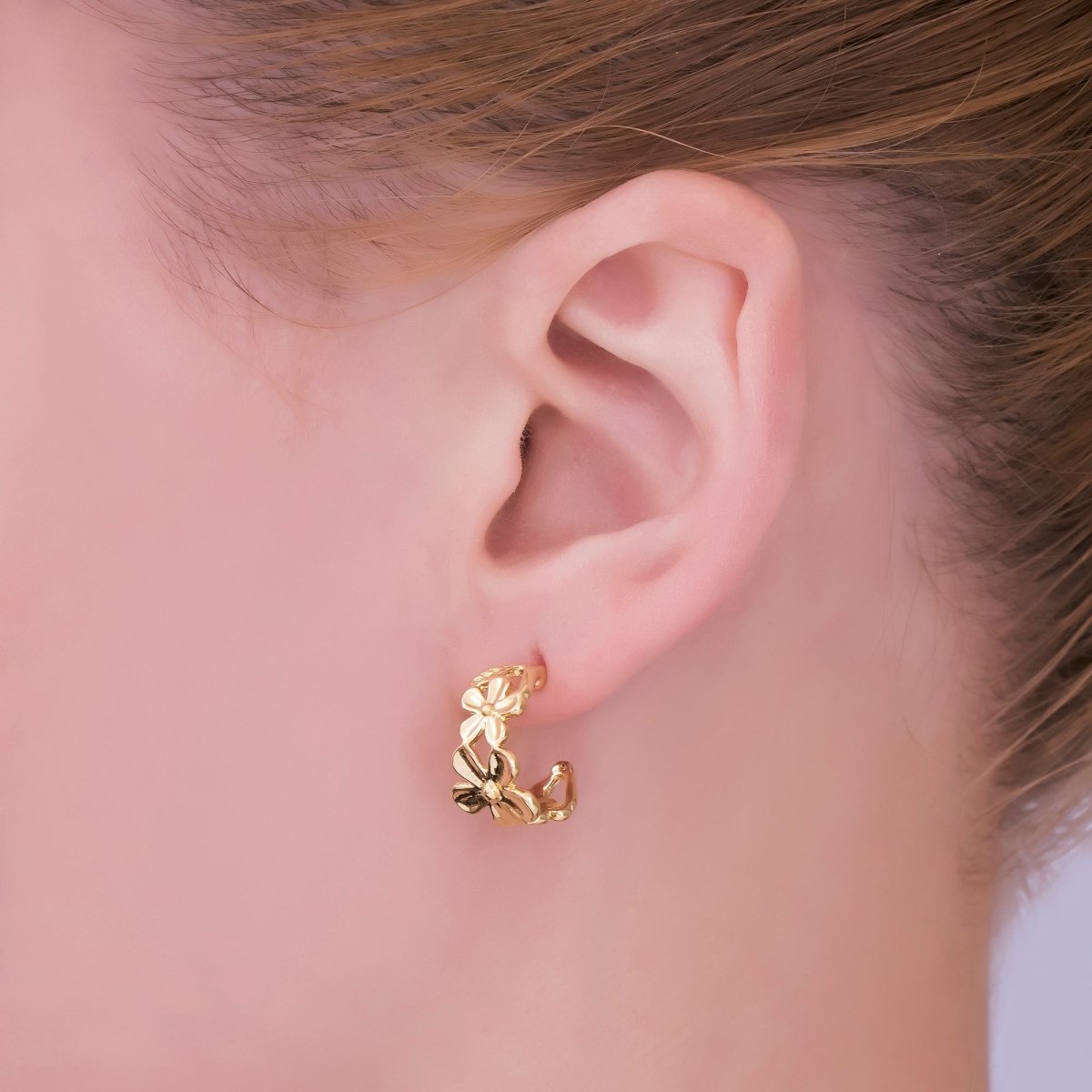 24K Gold Filled Flower Linked Garden C - Shaped Stud Earrings | AJ - 083 - DLUXCA