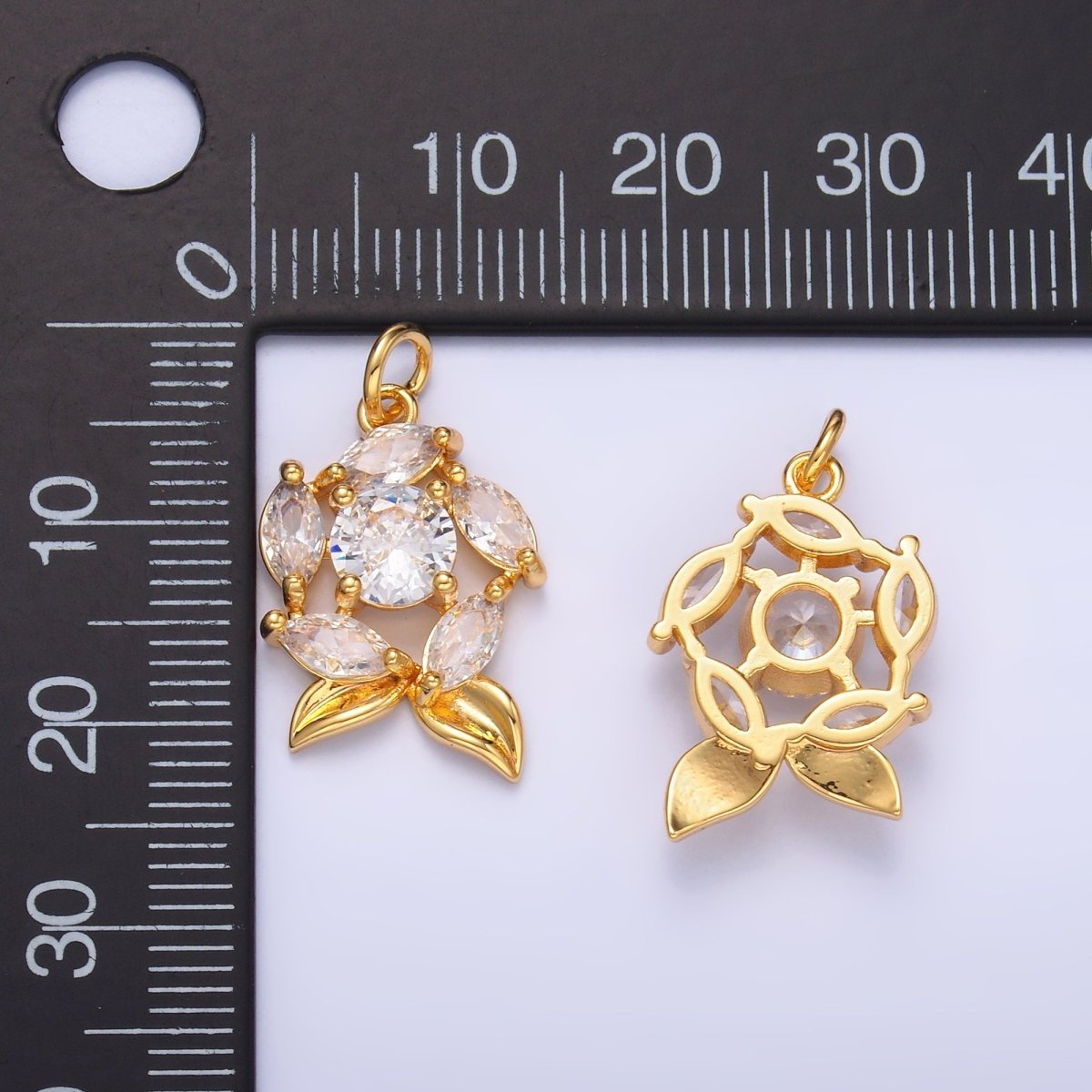 24K Gold Filled Flower Pendant Charm with Clear CZ Stone | X915 - DLUXCA